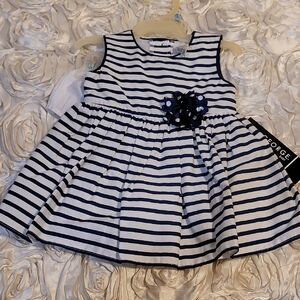 Toddler Dress Navy & White Stripes Floral Accent W/Bloomers